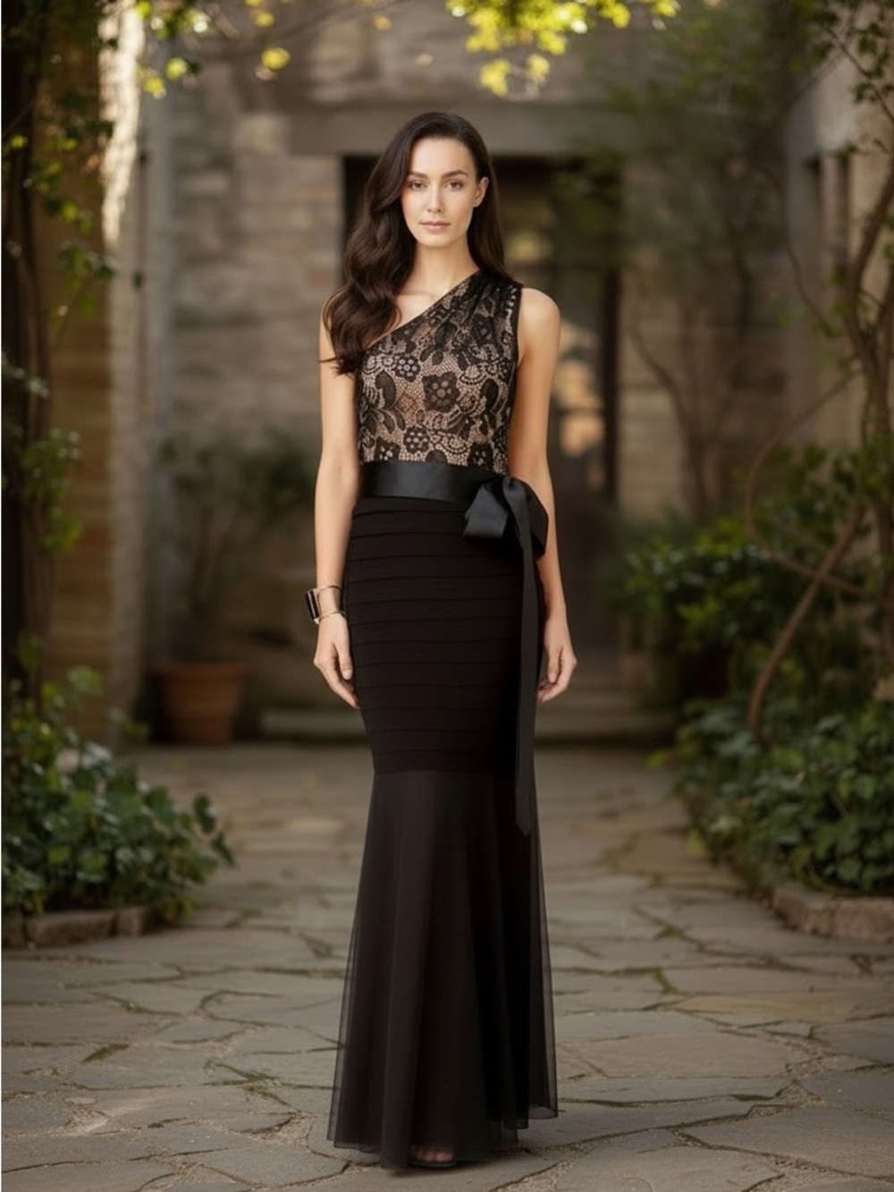 Betsy & Adam Black and Nude Lace One-Shoulder Maxi Dress. Size 10